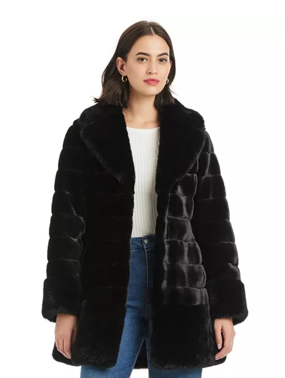 NEW! Jones New York Black Faux Fur Notched Collar Coat Size L